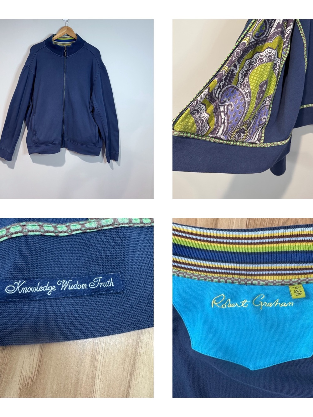 Robert Graham Knowledge Wisdom Truth Navy Full Zip Sweatshirt Paisley Trim 3XL